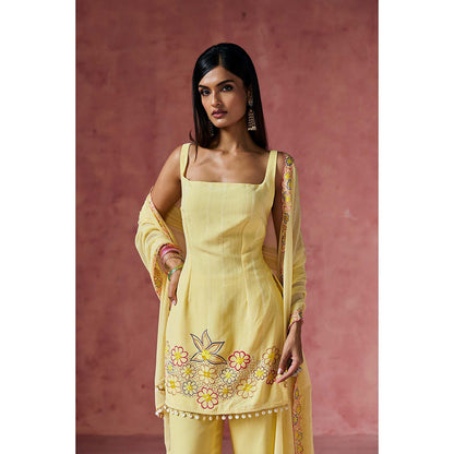 Saanjh by Lea Ziya Yellow Floral Embroidered Kurti with Palazzo & Dupatta