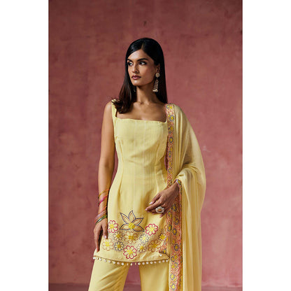 Saanjh by Lea Ziya Yellow Floral Embroidered Kurti with Palazzo & Dupatta