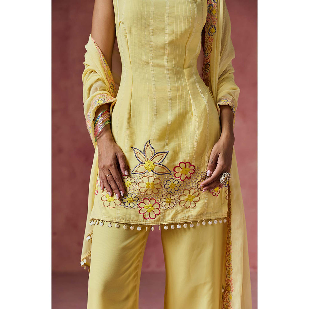 Saanjh by Lea Ziya Yellow Floral Embroidered Kurti with Palazzo & Dupatta