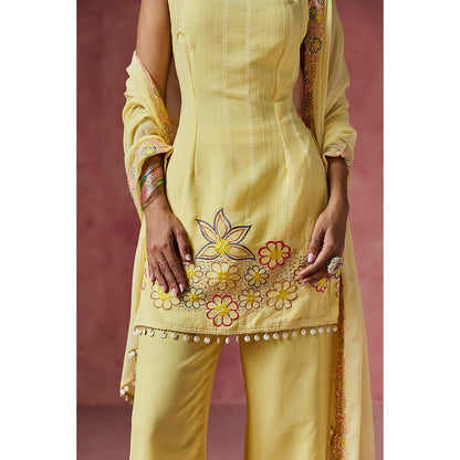 Saanjh by Lea Ziya Yellow Floral Embroidered Kurti with Palazzo & Dupatta