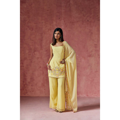 Saanjh by Lea Ziya Yellow Floral Embroidered Kurti with Palazzo & Dupatta