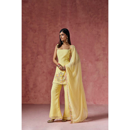 Saanjh by Lea Ziya Yellow Floral Embroidered Kurti with Palazzo & Dupatta