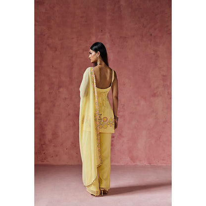 Saanjh by Lea Ziya Yellow Floral Embroidered Kurti with Palazzo & Dupatta