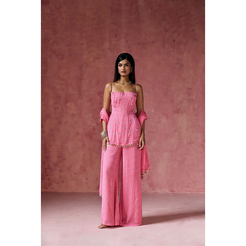 Saanjh by Lea Gulabi Bandhani Embellished Kurti with Palazzo & Dupatta