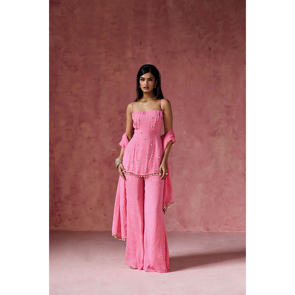 Saanjh by Lea Gulabi Bandhani Embellished Kurti with Palazzo & Dupatta