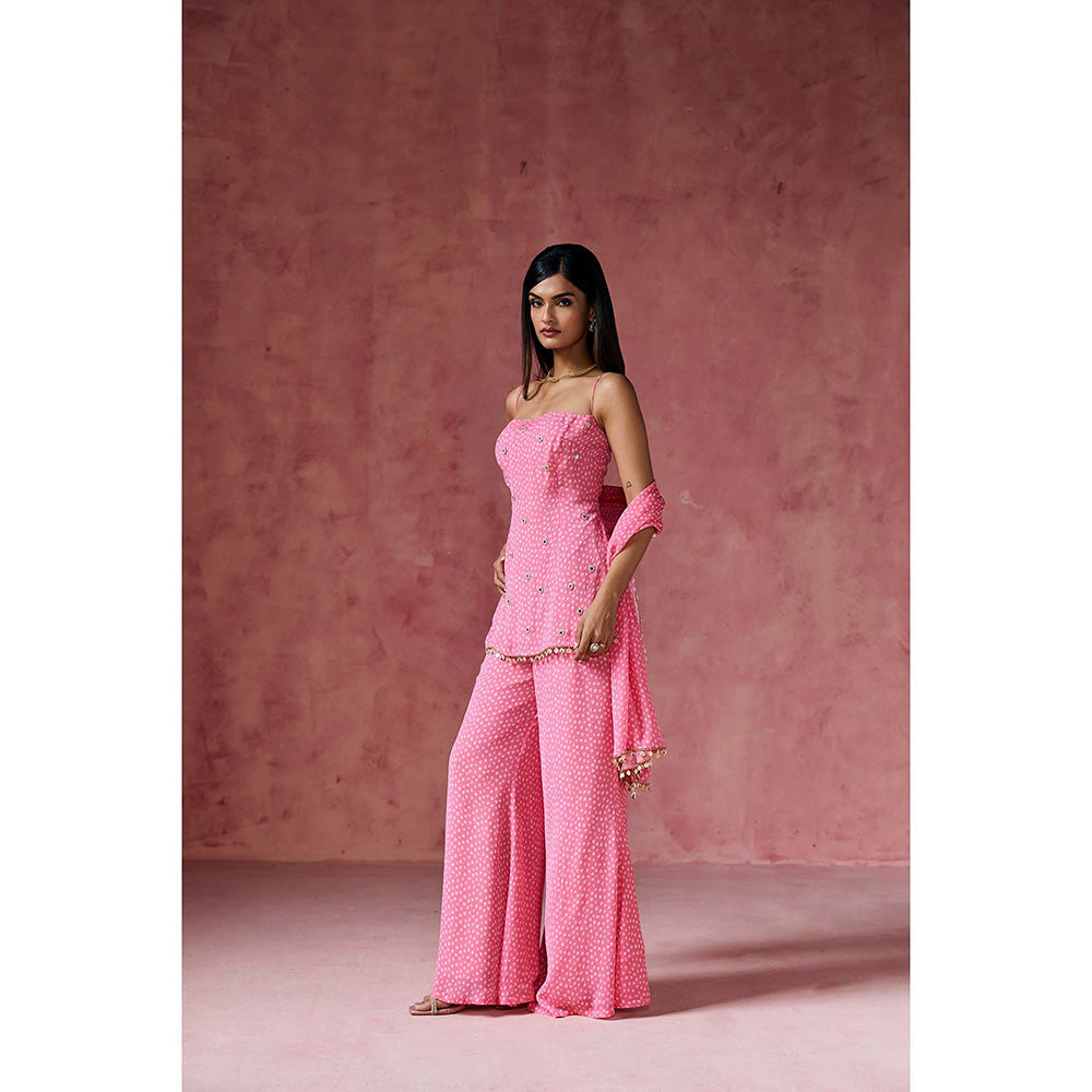 Saanjh by Lea Gulabi Bandhani Embellished Kurti with Palazzo & Dupatta