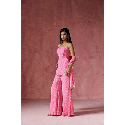 Saanjh by Lea Gulabi Bandhani Embellished Kurti with Palazzo & Dupatta
