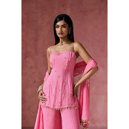 Saanjh by Lea Gulabi Bandhani Embellished Kurti with Palazzo & Dupatta