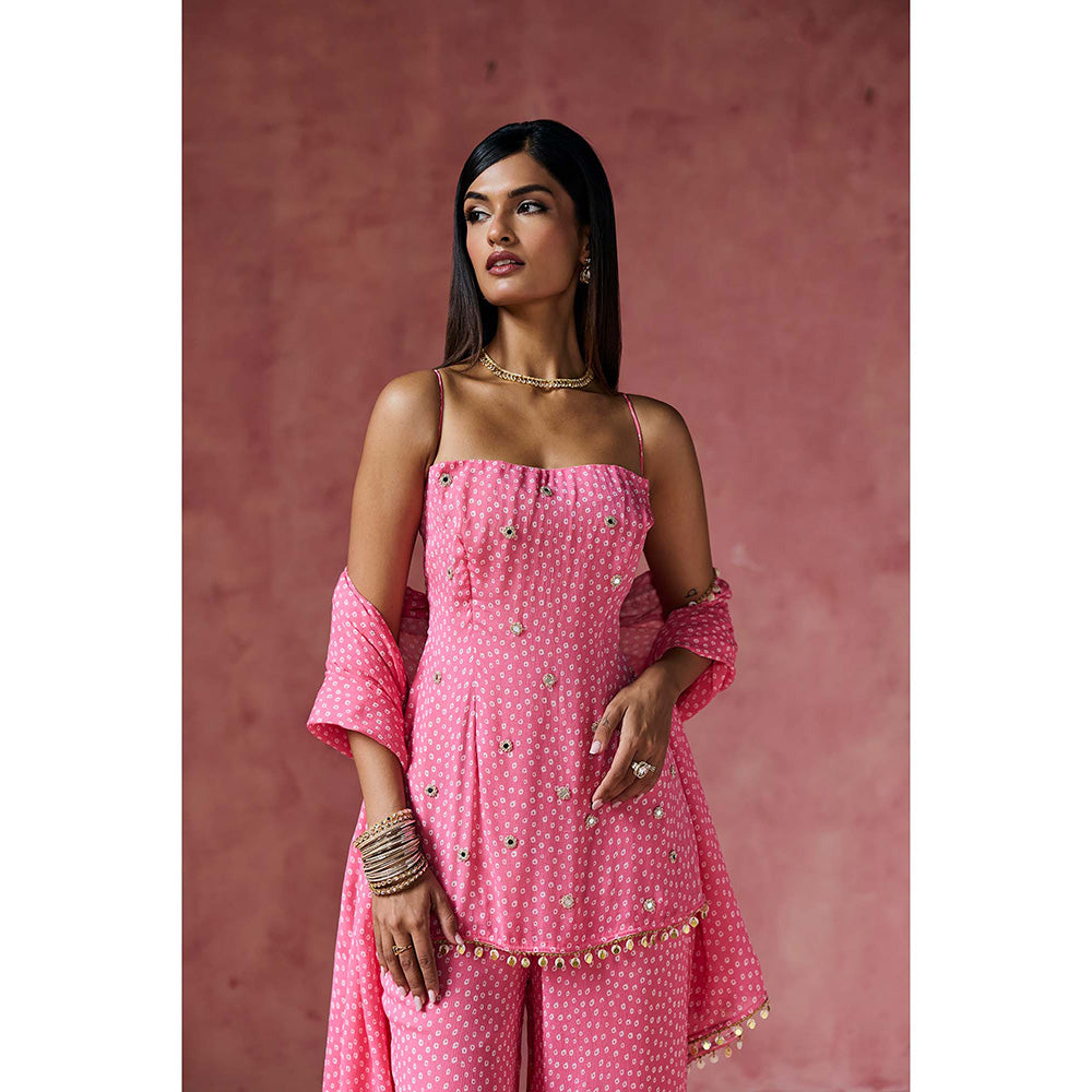 Saanjh by Lea Gulabi Bandhani Embellished Kurti with Palazzo & Dupatta