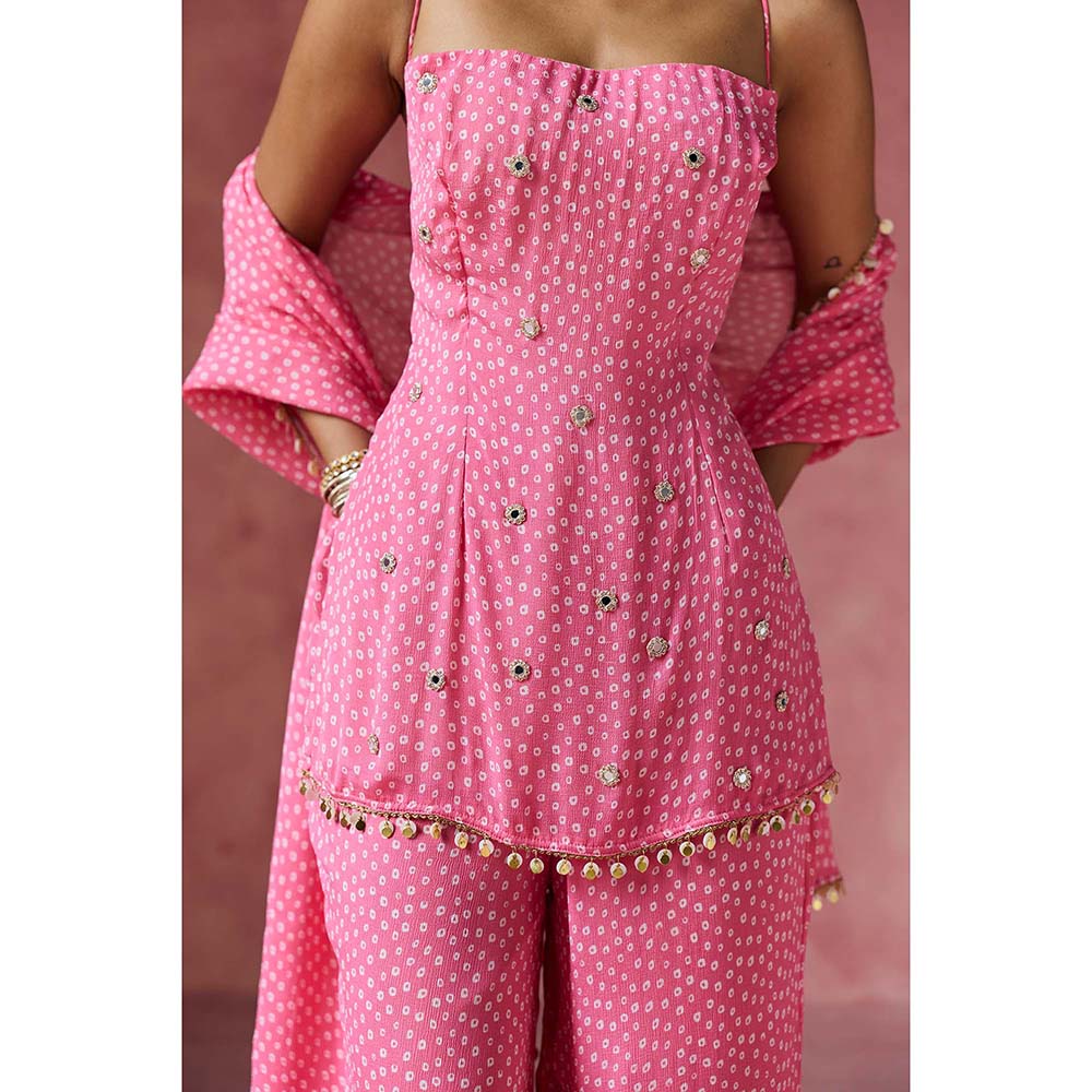 Saanjh by Lea Gulabi Bandhani Embellished Kurti with Palazzo & Dupatta