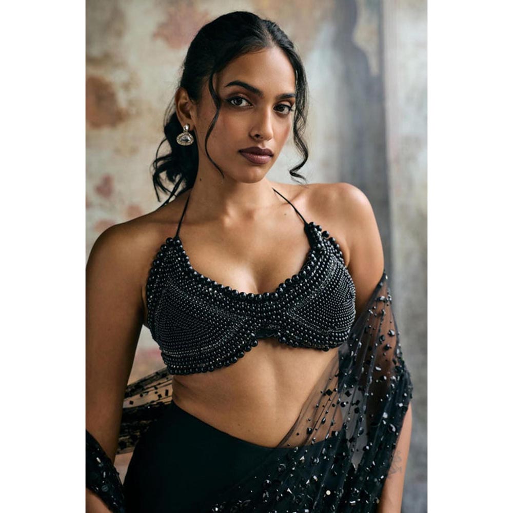 Saanjh by Lea Aliara Black Satin Pearl Embellished Stitched Blouse