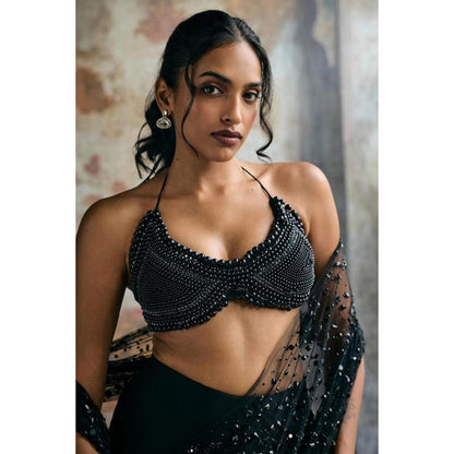 Saanjh by Lea Aliara Black Satin Pearl Embellished Stitched Blouse