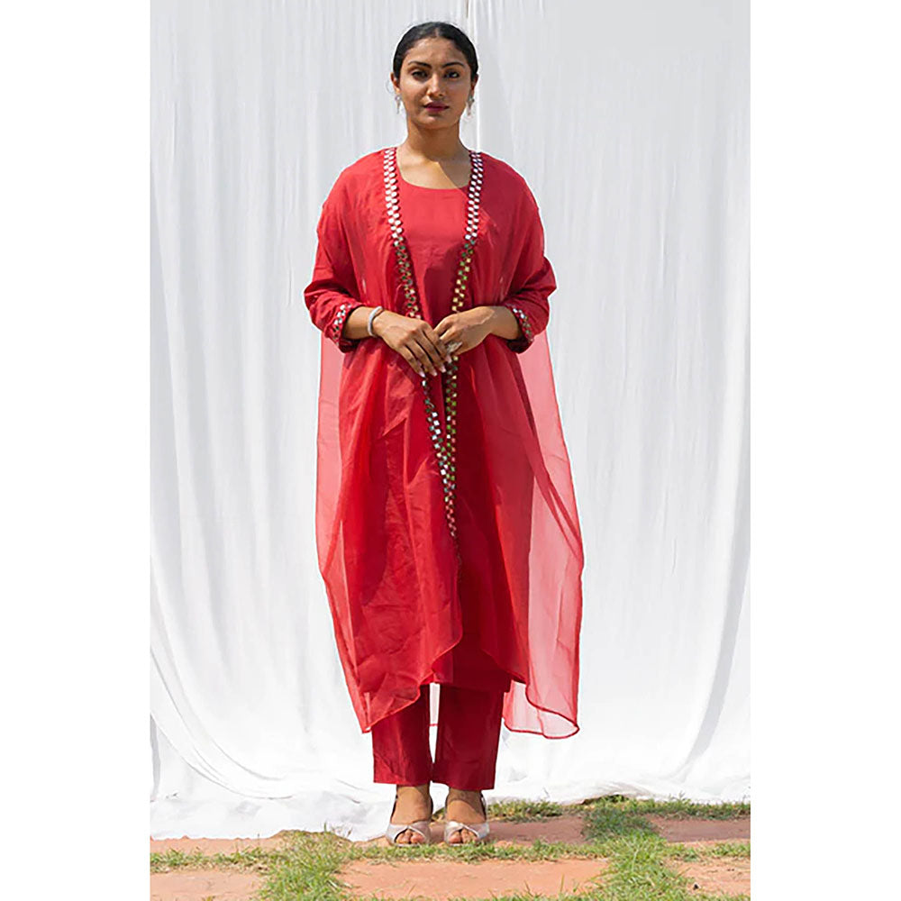 Saatvikei Cape Suit - Coral Red Kurta with Pant and Cape Dupatta (Set of 3)