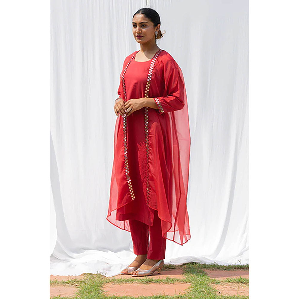 Saatvikei Cape Suit - Coral Red Kurta with Pant and Cape Dupatta (Set of 3)