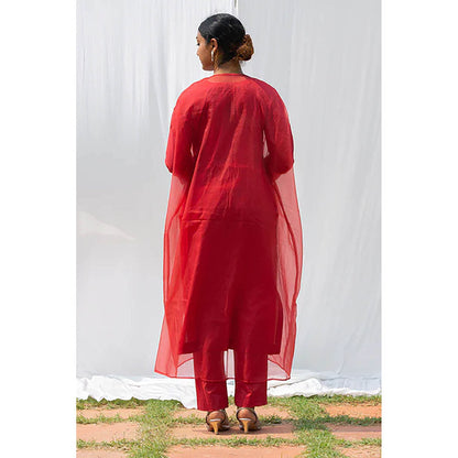 Saatvikei Cape Suit - Coral Red Kurta with Pant and Cape Dupatta (Set of 3)