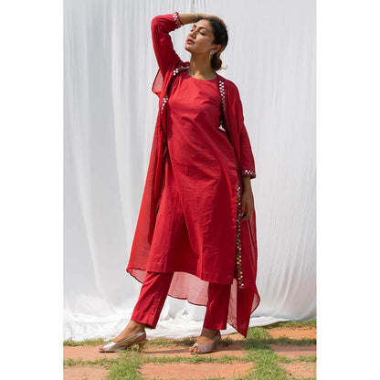 Saatvikei Cape Suit - Coral Red Kurta with Pant and Cape Dupatta (Set of 3)