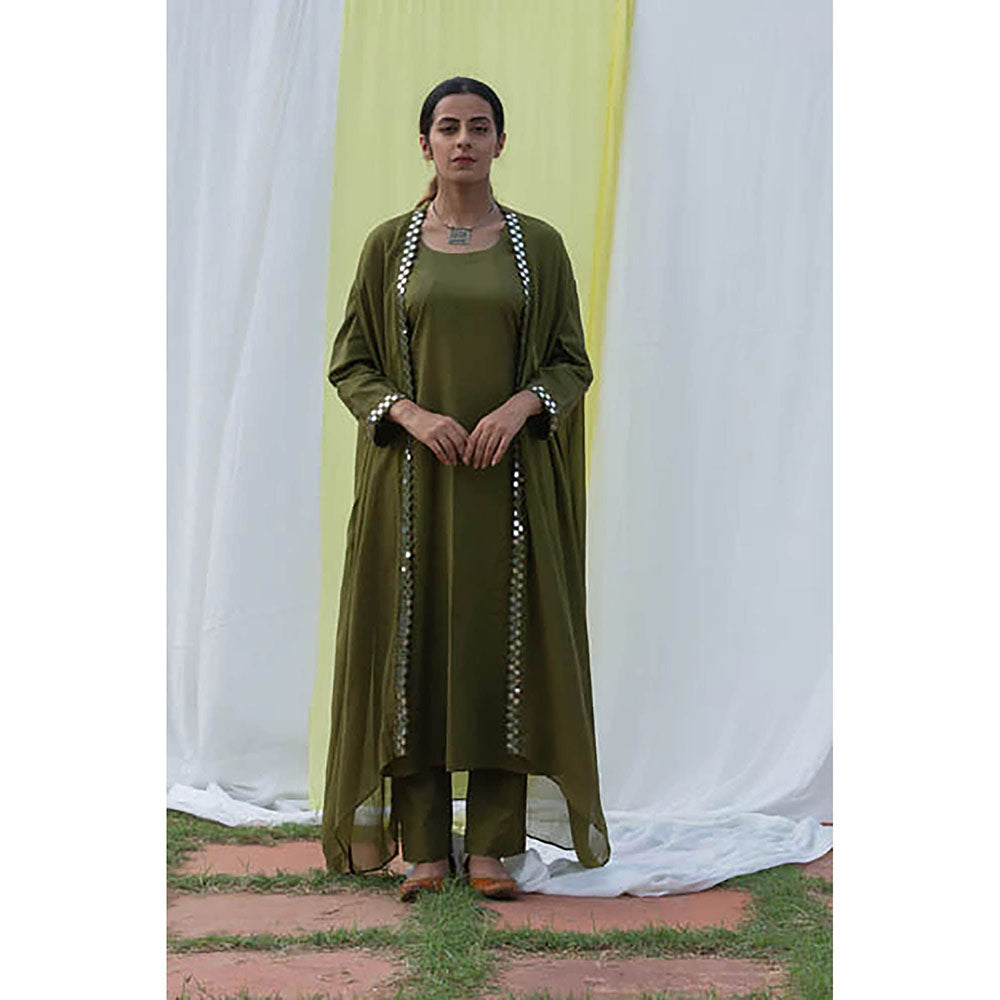 Saatvikei Cape Suit - Olive Green Kurta with Pant and Cape Dupatta (Set of 3)