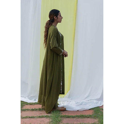 Saatvikei Cape Suit - Olive Green Kurta with Pant and Cape Dupatta (Set of 3)