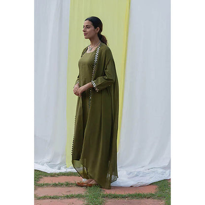 Saatvikei Cape Suit - Olive Green Kurta with Pant and Cape Dupatta (Set of 3)