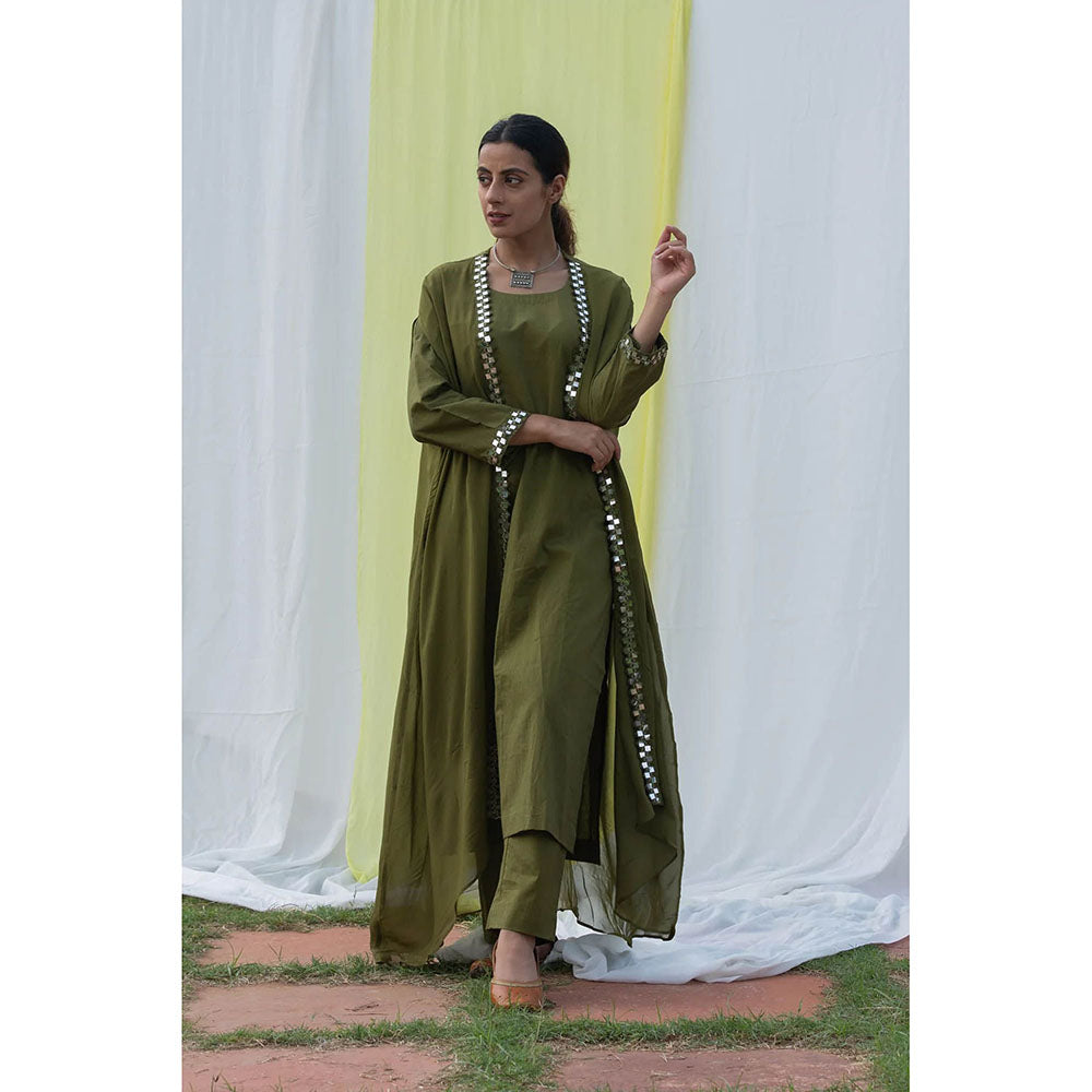 Saatvikei Cape Suit - Olive Green Kurta with Pant and Cape Dupatta (Set of 3)
