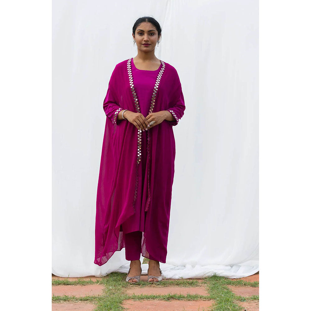 Saatvikei Cape Suit - Wine Kurta with Pant and Cape Dupatta (Set of 3)