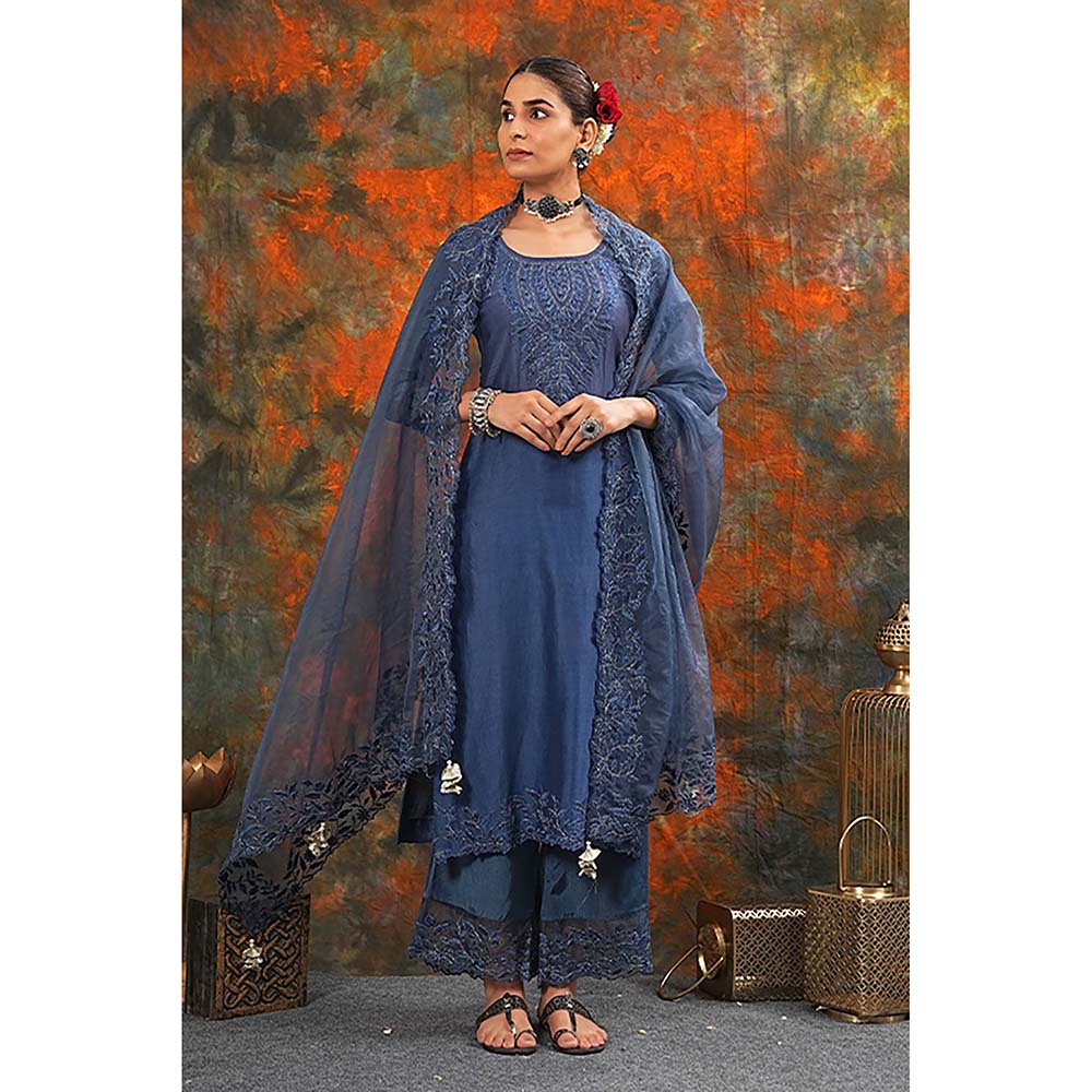 Saatvikei Harshita - Midnight Blue Kurta with Palazzo and Dupatta (Set of 3)
