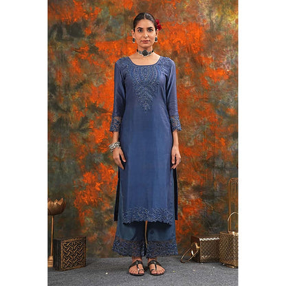 Saatvikei Harshita - Midnight Blue Kurta with Palazzo and Dupatta (Set of 3)