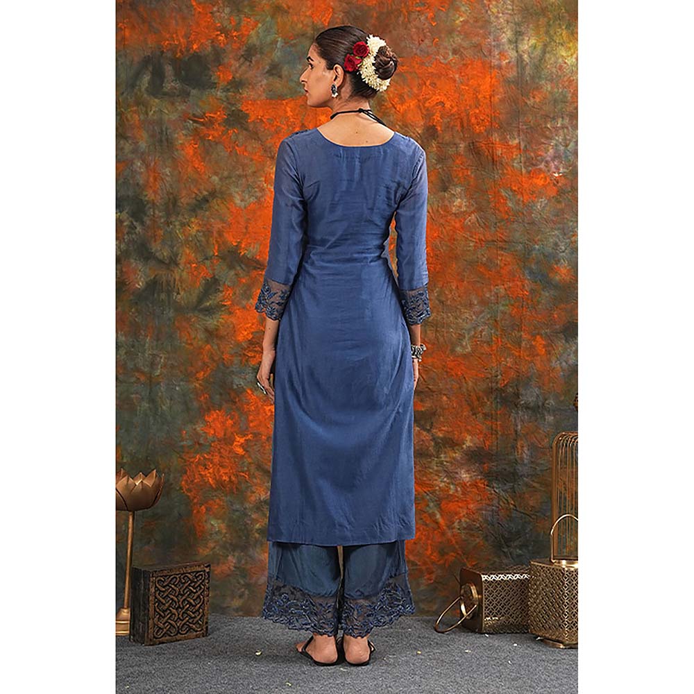 Saatvikei Harshita - Midnight Blue Kurta with Palazzo and Dupatta (Set of 3)
