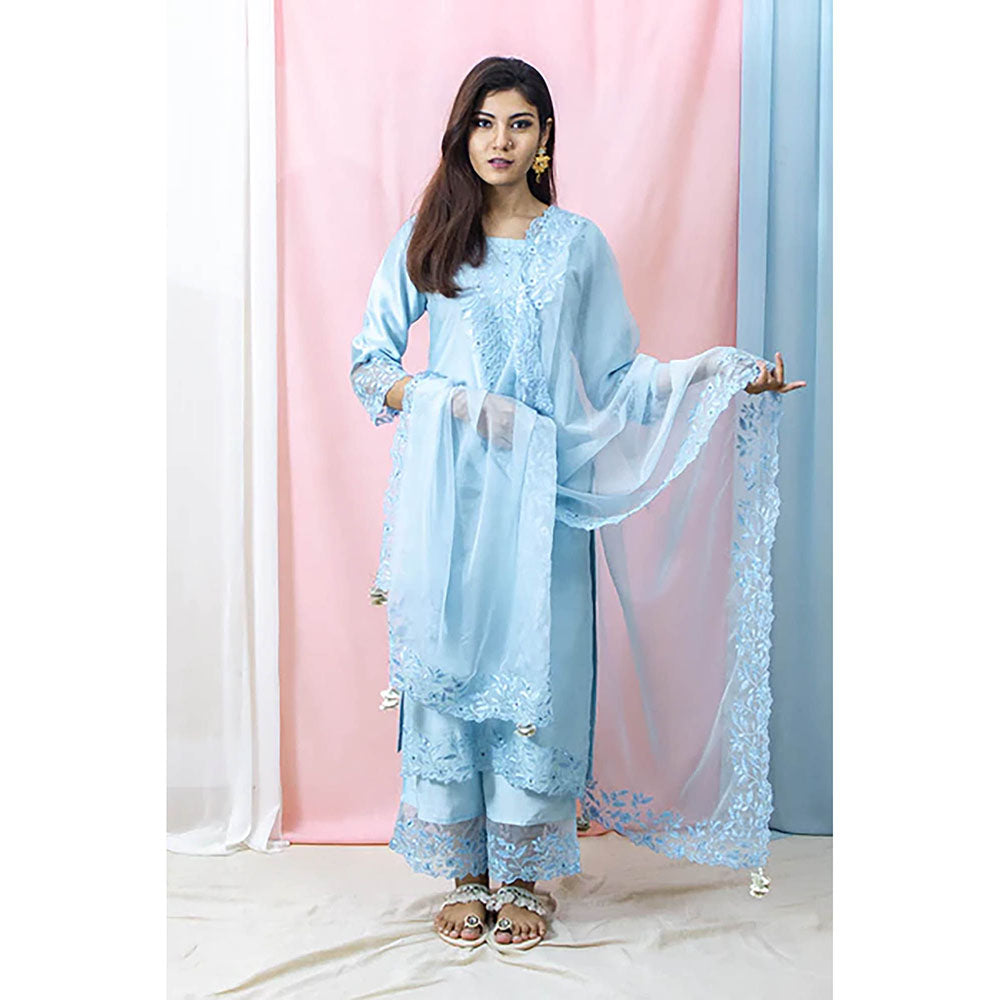 Saatvikei Harshita - Sky Blue Kurta with Palazzo and Dupatta (Set of 3)