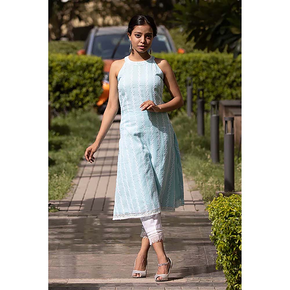 Saatvikei Kesar - Blue Sleeveless Kurta with Pant and Dupatta (Set of 3)