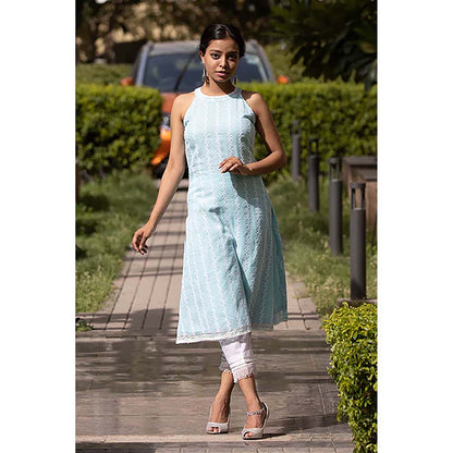 Saatvikei Kesar - Blue Sleeveless Kurta with Pant and Dupatta (Set of 3)