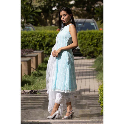 Saatvikei Kesar - Blue Sleeveless Kurta with Pant and Dupatta (Set of 3)