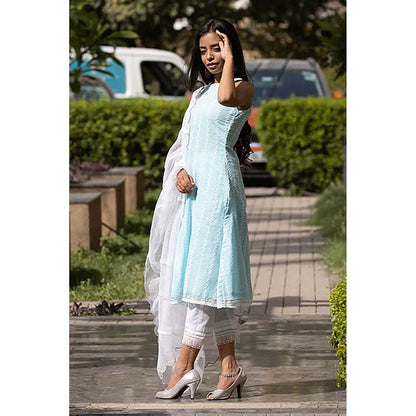 Saatvikei Kesar - Blue Sleeveless Kurta with Pant and Dupatta (Set of 3)