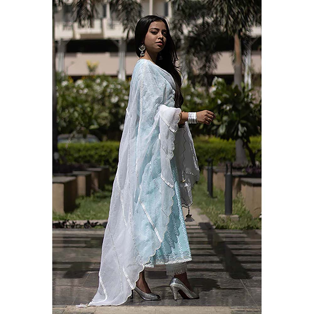 Saatvikei Kesar - Blue Kurta with Pant and Dupatta (Set of 3)