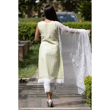 Saatvikei Kesar - Green Sleeveless Kurta with Pant and Dupatta (Set of 3)