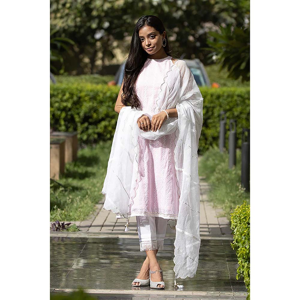 Saatvikei Kesar - Pink Sleeveless Kurta with Pant and Dupatta (Set of 3)