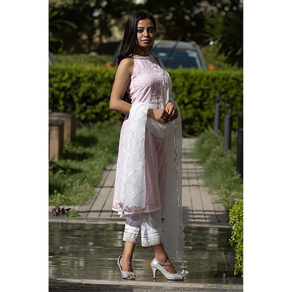 Saatvikei Kesar - Pink Sleeveless Kurta with Pant and Dupatta (Set of 3)