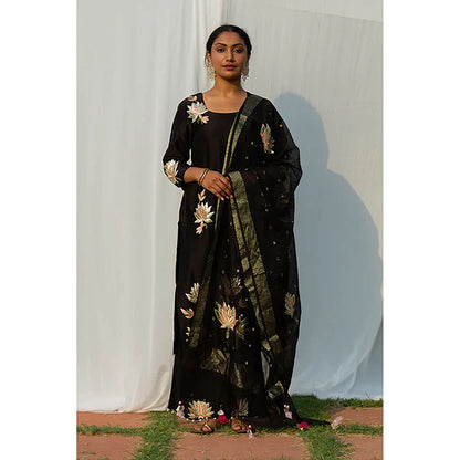 Saatvikei Lotus - Black Kurta with Pant and Dupatta (Set of 3)
