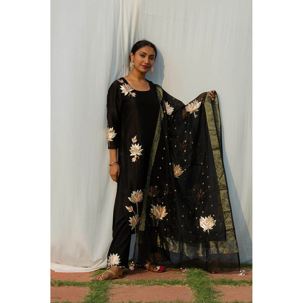 Saatvikei Lotus - Black Kurta with Pant and Dupatta (Set of 3)
