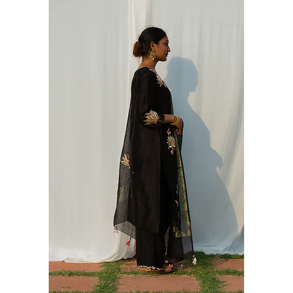 Saatvikei Lotus - Black Kurta with Pant and Dupatta (Set of 3)