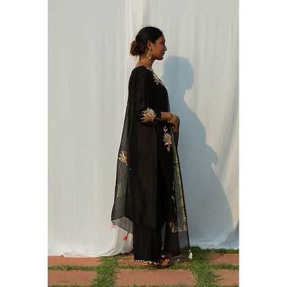 Saatvikei Lotus - Black Kurta with Pant and Dupatta (Set of 3)