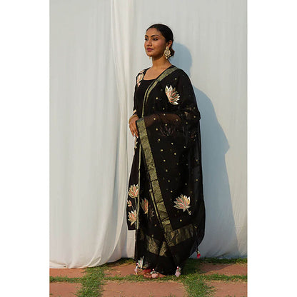 Saatvikei Lotus - Black Kurta with Pant and Dupatta (Set of 3)