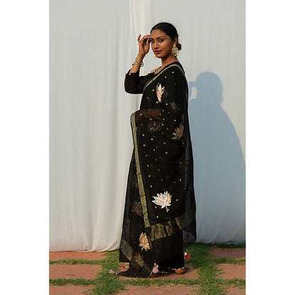 Saatvikei Lotus - Black Kurta with Pant and Dupatta (Set of 3)