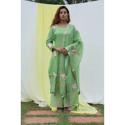 Saatvikei Lotus - Green Kurta with Pant and Dupatta (Set of 3)