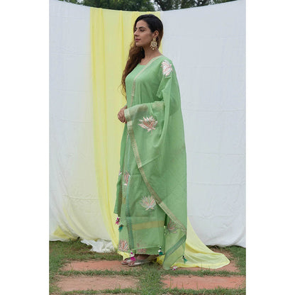 Saatvikei Lotus - Green Kurta with Pant and Dupatta (Set of 3)
