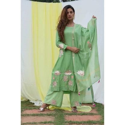 Saatvikei Lotus - Green Kurta with Pant and Dupatta (Set of 3)