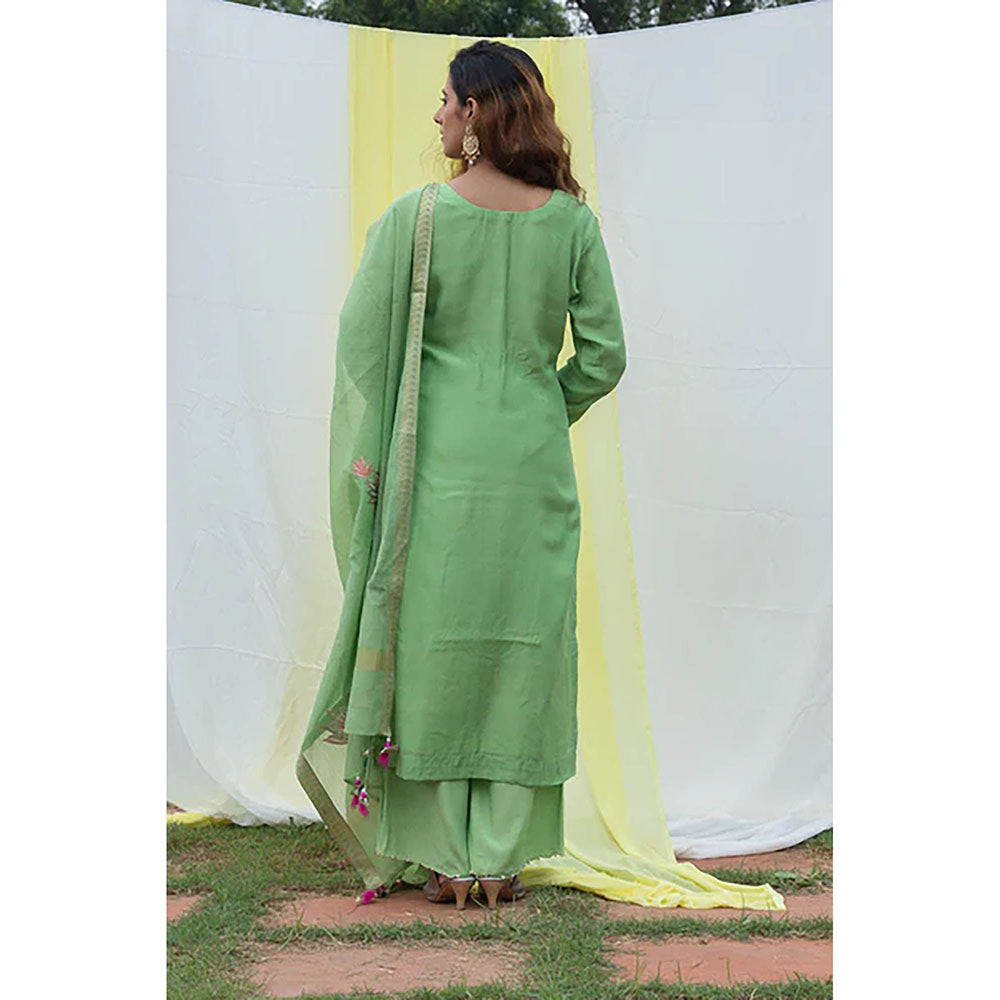 Saatvikei Lotus - Green Kurta with Pant and Dupatta (Set of 3)
