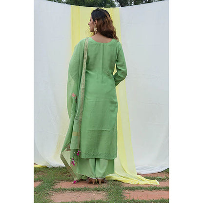 Saatvikei Lotus - Green Kurta with Pant and Dupatta (Set of 3)