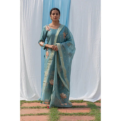 Saatvikei Lotus - Powder Blue Kurta with Pant and Dupatta (Set of 3)