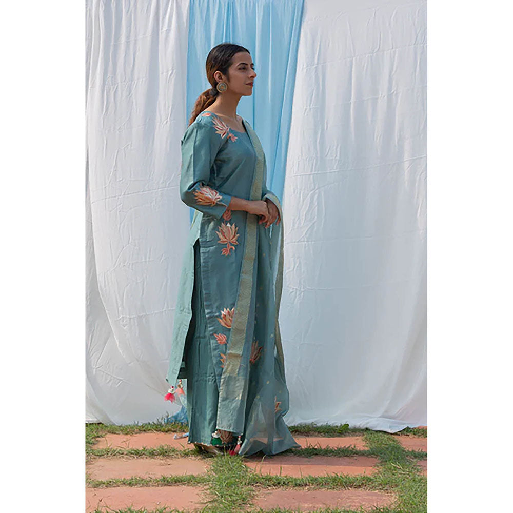 Saatvikei Lotus - Powder Blue Kurta with Pant and Dupatta (Set of 3)